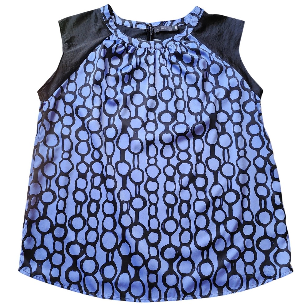 The Limited Women Sleeveless Blouse Blue‎ Black Geometric Link Shell Large